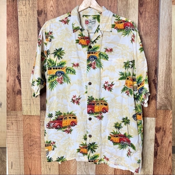 Hilo Hattie Hawaiian Shirt Woodie Car & Palm Tree Print – Size Large - Picture 3 of 9